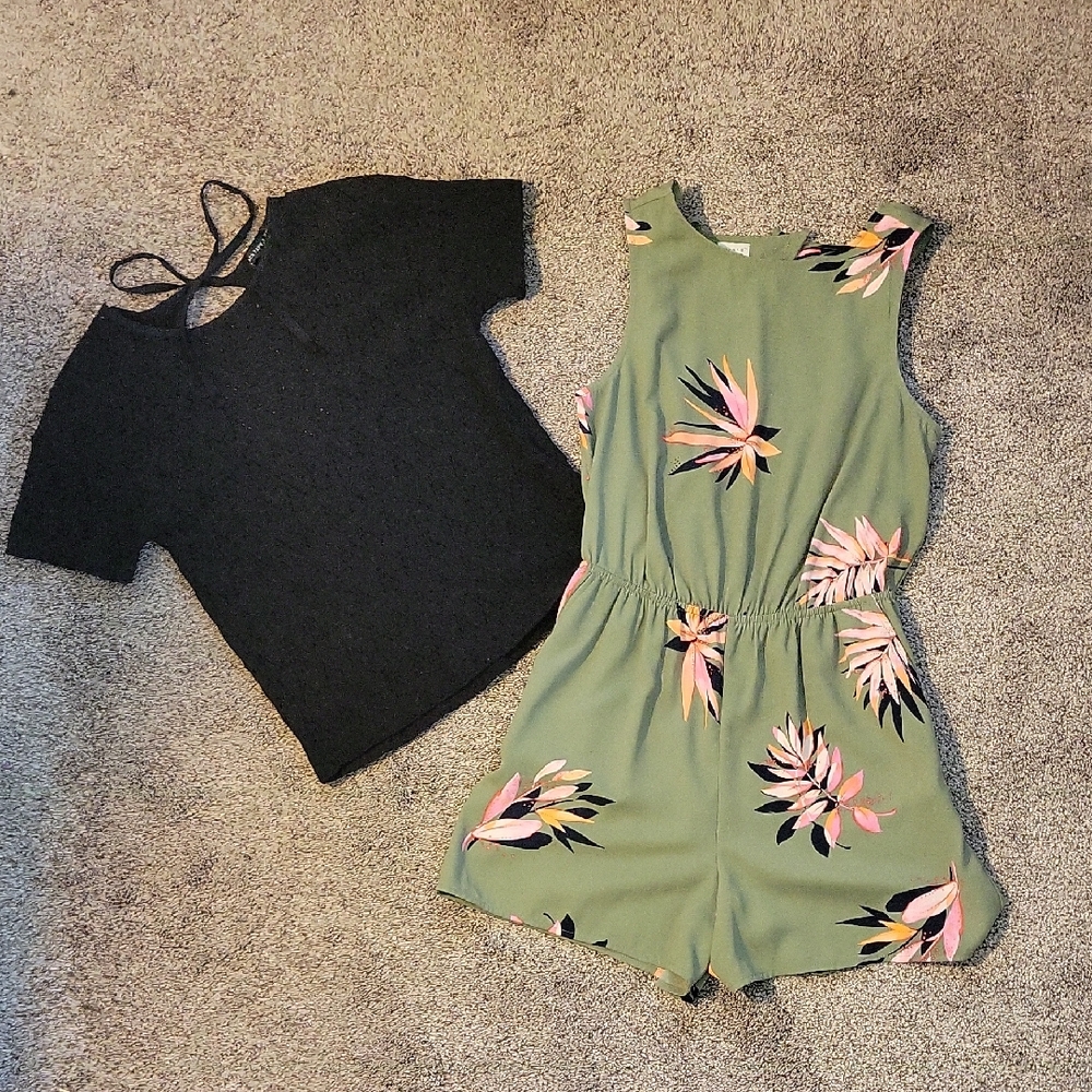 Green Floral Romper and Black Top Set